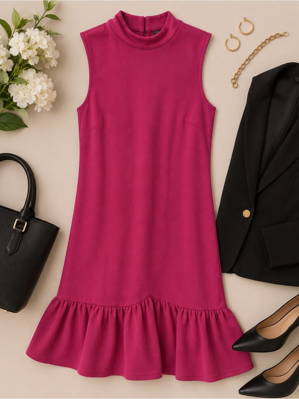 Trina Turk Sleeveless Mock Neck Pink Ruffle-Hem Shift Dress Medium